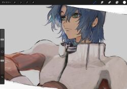 Rule 34 | 1boy, art program in frame, athrun zala, blue hair, green eyes, grey background, gundam, gundam seed, highres, male focus, mecha pilot suit, she (morianosu), short hair, solo, upper body