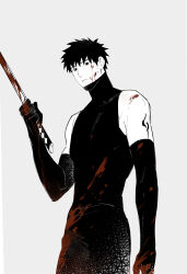 1boy absurdres blood blood_on_clothes blood_on_face blood_on_hands bloody_weapon closed_mouth elbow_gloves gloves greyscale highres holding holding_sword holding_weapon looking_at_viewer male_focus monochrome naruto_(series) naruto_shippuuden sf_(sf_404) short_hair solo spot_color sword weapon yamato_(naruto)