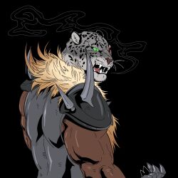1boy animal_head armor armor_king black_background clawed_gauntlets commentary dark-skinned_male dark_skin english_commentary fangs green_eyes highres male_focus muscular muscular_male open_mouth pauldrons scar scar_across_eye scar_on_face shibuyadogs shoulder_armor solo spiked_pauldrons spikes teeth tekken tekken_8 upper_body whiskers