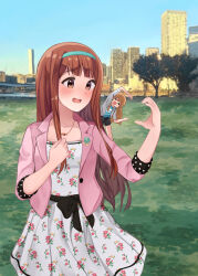 &gt;_&lt; 2girls absurdres arm_up asahi_(asahi8105) black_shorts blue_hairband blush brown_eyes brown_hair city day dress floral_print floral_print_dress grey_jacket hairband hand_up heart heart_arms heart_arms_duo heart_hands heart_hands_duo highres idolmaster idolmaster_million_live! jacket jewelry kousaka_umi long_hair long_sleeves multiple_girls necklace open_mouth outdoors pink_jacket print_dress shorts standing straight_hair tanaka_kotoha white_dress