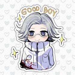 1boy :&gt; aotsuki_eito blood blood_on_clothes blue_eyes chibi chibi_only cropped_torso english_text glasses grey_background grey_hair heart heart_background highres jacket light_blush looking_at_viewer male_focus outline short_hair smile solo sparkle thai_commentary the_hundred_line_-last_defense_academy- white_jacket yfmaichobmkr