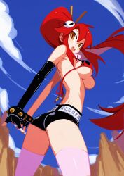 1girl :d absurdres arched_back arms_behind_back ass asymmetrical_gloves belt bikini bikini_top_only black_bikini black_gloves black_shorts blue_sky bracelet breasts brown_eyes cloud cloudy_sky cowboy_shot day desert elbow_gloves fingerless_gloves flame_print from_behind from_below gainax gloves hair_ornament hair_stick harada_takehito_(style) highres jewelry julianvanist large_breasts legs_apart long_hair long_sidelocks looking_at_viewer looking_back medium_breasts micro_shorts mountain no_shirt open_mouth outdoors pink_thighhighs ponytail red_bikini red_hair scarf short_shorts shorts sideboob sidelocks single_elbow_glove skull_hair_ornament sky smile solo standing stretching studded_belt studded_bracelet swimsuit tengen_toppa_gurren_lagann thighhighs thighs underboob very_long_hair yellow_eyes yoko_littner