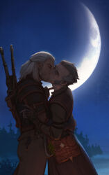 2boys emiel_regis fingerless_gloves geralt_of_rivia gloves grey_hair highres kiss moon multiple_boys night outdoors the_witcher_(series) the_witcher_3 tio-trile white_hair yaoi