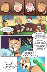 absurdres chase_(paw_patrol) dog english_text highres marshall_(paw_patrol) paw_patrol skye_(paw_patrol) speech_bubble stuck tickling