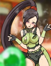 Rule 34 | 1girl, absurdres, arm guards, asymmetrical bangs, belt, bike shorts, black gloves, black tank top, blurry, blurry background, blurry foreground, breasts, brown hair, bustier, cameltoe, collar, commentary request, commission, cowboy shot, dirty, dirty clothes, dirty face, dragon quest, dragon quest xi, fingerless gloves, gem, gloves, green belt, green bustier, green gemstone, grey shorts, heart, heart-shaped pupils, heavy breathing, high ponytail, highres, looking at object, martina (dq11), medium breasts, midori (bar midori), motion lines, panties, pixiv commission, ponytail, purple eyes, shirt, shorts, solo, spiked collar, spikes, symbol-shaped pupils, tank top, tongue, tongue out, torn clothes, torn shirt, torn shorts, torn tank top, underwear, white panties