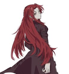 1girl brown_coat closed_mouth coat cowboy_shot highres kali_(project_moon) library_of_ruina long_hair long_sleeves looking_at_viewer parted_bangs project_moon red_hair simple_background solo very_long_hair white_background xxed_h yellow_eyes