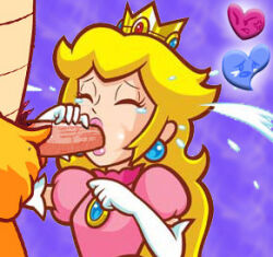 1boy 1girl blonde_hair bowser bulge crown crying crying_with_eyes_closed dress earrings fellatio gloves heart hetero irrumatio jewelry lips mario_(series) nintendo official_art oral penis pink_dress princess princess_peach purple_background rape sex simple_background super_princess_peach tears third-party_edit white_gloves