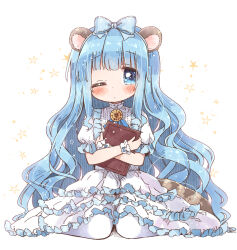 animal_ears blue_bow blue_frills blunt_bangs blush book bow dress frilled_dress frills hair_bow holding holding_book kirara_fantasia long_hair looking_at_viewer neko_satou one_eye_closed raccoon_ears raccoon_girl raccoon_tail salt_(kirara_fantasia) short_sleeves simple_background sitting solo sparkle star_(symbol) tail thighhighs very_long_hair wariza wavy_hair white_background white_dress white_thighhighs