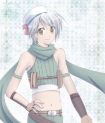 1boy belt beret brown_belt brown_gloves closed_mouth commentary_request crop_top dated_commentary fingerless_gloves gloves green_background green_scarf green_shirt green_shorts hand_on_own_hip hat looking_at_viewer male_focus midriff navel ragnarok_online ranger_(ragnarok_online) scarf sharari shirt short_hair shorts sleeveless sleeveless_shirt smile solo upper_body white_hair white_hat yellow_eyes