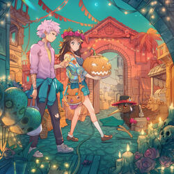 1boy 1girl animal aqua_skirt aqua_sweater arm_tattoo artist_name bag balcony barrel bird black_bow black_bowtie black_hat black_pants bow bowtie brown_hair brown_shoes building cable cactus candle cellphone cityscape closed_mouth clothed_animal clothes_around_waist coat cobblestone commentary crescent_moon dated dia_de_muertos english_commentary flower grey_shirt hair_ornament hairclip hat hat_ornament head_wreath holding holding_phone holding_pumpkin jack-o&#039;-lantern kiwi_(bird) long_hair looking_at_object moon multicolored_coat night night_sky original outdoors palm_tree pants partially_unbuttoned phone pink_hair pink_shirt plant pleated_skirt potted_plant profile pumpkin road rose satchel scenery shadow shirt shoes short_hair simz skirt skull sky smartphone socks street string_of_flags string_of_light_bulbs sweatdrop sweater sweater_around_waist tattoo tile_roof torn_clothes torn_pants tree walking watch weeds white_shoes white_socks wristwatch yellow_shirt