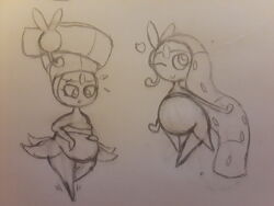 2girls absurdres belly big_belly closed_mouth full_body gen_5_pokemon hands_on_own_stomach highres legendary_pokemon meloetta meloetta_(aria) meloetta_(pirouette) multiple_girls mythical_pokemon nintendo one_eye_closed open_mouth plump pokemon pokemon_(creature) pregnant sameshow stomach traditional_media