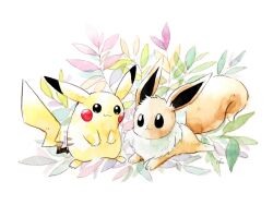 Rule 34 | :3, animal focus, black eyes, bright pupils, closed mouth, dot nose, eevee, full body, gen 1 pokemon, leaf, nintendo, no humans, non (kumakawayusu), painting (medium), pikachu, pokemon, pokemon (creature), signature, simple background, traditional media, watercolor (medium), white background, white pupils