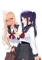 2girls absurdres ahoge alma_armas bag black_sailor_collar blonde_hair commentary_request dark-skinned_female dark_skin glasses highres holding holding_bag holding_phone jill_stingray long_hair looking_at_another multiple_girls necktie open_mouth phone purple_hair red-framed_eyewear red_eyes red_necktie sailor_collar school_uniform serafuku shirt sidelocks simple_background sweatdrop twintails va-11_hall-a white_background white_shirt yanagui_yugi yellow_eyes