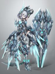 1girl absurdres arm_up armor armored_boots armored_leotard bare_shoulders blue_eyes boots breasts elbow_gloves exoskeleton full_body gauntlets gloves greaves grey_background grey_hair hair_between_eyes headgear highres horns hyemalequisetum leotard looking_at_viewer mecha_musume mechanical_tail medium_breasts medium_hair original shield short_hair solo standing standing_on_one_leg tail thigh_boots thighhighs weapon