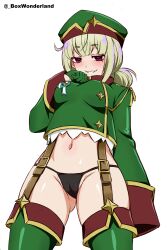 Rule 34 | 1girl, absurdres, araga kiwi, blonde hair, box wonderland, breasts, cameltoe, gloves, green headwear, green shirt, highres, looking at viewer, mahou shoujo ni akogarete, medium breasts, military uniform, mole, mole under eye, navel, red eyes, shirt, white background