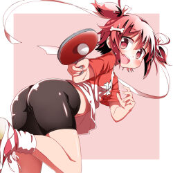 Rule 34 | 1girl, ass, baakurou, ball, bike shorts, blush, bone hair ornament, dot nose, female focus, hair ornament, hair ribbon, highres, holding, holding table tennis paddle, navel, open mouth, paddle, pink background, pink eyes, pink hair, ribbon, shakunetsu no takkyuu musume, shirt, shoes, short-sleeved shirt, short sleeves, simple background, socks, solo, t-shirt, table tennis ball, table tennis paddle, teeth, tsumujikaze koyori, white socks