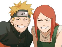 Rule 34 | 1boy, 1girl, absurdres, blonde hair, closed eyes, facial mark, facing viewer, forehead protector, highres, konohagakure symbol, long hair, mother and son, naruto (series), naruto shippuuden, pnpk 1013, red hair, short hair, spiked hair, teeth, uzumaki kushina, uzumaki naruto, whisker markings, white background