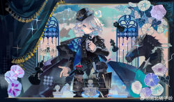 1girl absurdres alternate_costume black_hat black_jacket blue_eyes blue_flower blue_hair border brooch chess_piece chinese_commentary commentary_request cowboy_shot curtains earrings flower furina_(genshin_impact) genshin_impact hair_between_eyes hat heterochromia highres holding holding_chess_piece jacket jewelry long_sleeves looking_at_viewer multicolored_hair nanbei_juzi_ling purple_flower rook_(chess) sample_watermark short_hair side_cape single_earring smile solo sparkle standing streaked_hair symbol-shaped_pupils watermark weibo_watermark white_hair