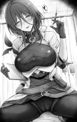 1boy 1girl absurdres aisutei armband belt blush breasts caelus_(honkai:_star_rail) cameltoe clipboard closed_curtains commentary_request girl_on_top gloves greyscale heart highres holding holding_clipboard holding_syringe honkai:_star_rail honkai_(series) indoors infirmary intravenous_drip large_breasts looking_at_viewer medium_hair mole mole_under_mouth monochrome natasha_(honkai:_star_rail) pantyhose screentones shorts smile spoken_heart syringe trailblazer_(honkai:_star_rail)