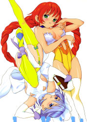 1990s_(style) 2girls absurdres blue_eyes blue_hair blush book braid breasts carbon_knight foltita garter_straps green_eyes highres leotard long_hair lying mootan multiple_girls official_art on_back red_hair retro_artstyle shekury simple_background small_breasts thighhighs twintails yellow_thighhighs