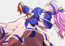 Rule 34 | 1girl, asuka (fuurai no shiren), blue capelet, blue shirt, blush, breasts, capelet, dutch angle, fuurai no shiren, hair ornament, headband, highres, holding, holding sheath, holding sword, holding weapon, katana, large breasts, long hair, long skirt, looking ahead, panties, pantyshot, pink hair, ponytail, sheath, shirt, shrug (clothing), skirt, solo, sword, toku sonchou, underwear, upskirt, weapon, white shrug, white skirt