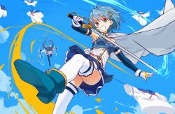 2girls :d absurdres akemi_homura akemi_homura_(magical_girl) armband armpits belt blue_eyes blue_hair braid cape cloud ebora fortissimo gloves hair_ornament hairclip highres holding holding_sword holding_weapon long_hair magical_girl mahou_shoujo_madoka_magica mahou_shoujo_madoka_magica_(anime) midriff miki_sayaka miki_sayaka_(magical_girl) multiple_girls musical_note musical_note_hair_ornament open_mouth pantyhose short_hair sky smile solo_focus soul_gem sword thighhighs twin_braids weapon white_gloves white_thighhighs zettai_ryouiki