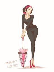 1girl alternate_costume animification artist_name black_pants black_shirt brown_eyes brown_hair chai_5 closed_mouth commentary_request full_body headscarf high_heels humanization mickey_mouse_&amp;_friends minnie_mouse pants shirt short_hair smile solo umbrella