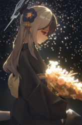 1girl black_hair black_horns black_kimono blue_archive bouquet closed_mouth commentary_request demon_horns ear_piercing flower from_side grey_hair hair_between_eyes hair_flower hair_ornament halo highres holding holding_bouquet horns japanese_clothes kayoko_(blue_archive) kayoko_(new_year)_(blue_archive) kimono long_hair night obi official_alternate_costume official_alternate_hairstyle piercing red_eyes sash solo xixic-owo