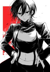 1girl akanashi_(bachi_ak) black_hair black_jacket black_pants breasts disgust earrings hands_on_own_hips highres jacket jewelry kagari_hiyuki kagurabachi long_sleeves midriff midriff_peek multicolored_background open_clothes open_jacket pants red_background short_hair signature small_breasts solo twitter_username white_background
