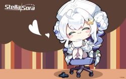 1girl :3 ^_^ ahoge bastelina_(stella_sora) bilingual_commentary black_shoes blush_stickers braid braided_hair_rings brown_background chibi chibi_only closed_eyes coat commentary commentary_request copyright_name copyright_notice cup double-parted_bangs english_commentary full_body hair_intakes hair_rings happy hat heart highres holding holding_cup hot_chocolate mixed-language_commentary multi-source_commentary off_shoulder official_art on_chair open_clothes open_coat pantyhose shoes short_eyebrows short_hair_with_long_locks sidelocks sitting solo stella_sora unworn_shoes white_coat white_hat white_pantyhose wrist_cuffs