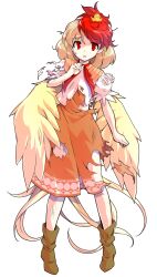 1girl alphes_(style) animal animal_on_head baby_animal bandages bird bird_tail blonde_hair blush boots brown_boots chick commentary_request dairi defeat dress feathered_wings full_body hand_up highres looking_at_viewer multicolored_hair neckerchief niwatari_kutaka on_head open_mouth orange_dress parody puffy_short_sleeves puffy_sleeves red_eyes red_hair red_neckerchief scrape shirt short_hair short_sleeves solo standing straight-on style_parody tachi-e tail tears torn_clothes torn_dress torn_shirt touhou transparent_background two-tone_hair white_shirt wings