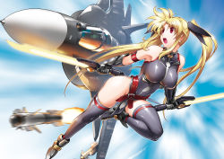 00s 1girl aircraft airplane bardiche_(nanoha) bardiche_(riot_zanber_stinger)_(nanoha) blonde_hair breasts cloud dual_wielding energy_blade energy_sword fate_testarossa fate_testarossa_(true_sonic_form) female_focus fighter_jet hair_ribbon henshako highres holding large_breasts leg_up legs leotard long_hair long_legs lyrical_nanoha mahou_shoujo_lyrical_nanoha mahou_shoujo_lyrical_nanoha_strikers military military_vehicle missile open_mouth red_eyes ribbon sky solo su-47_berkut sword thighhighs thighs twintails vehicle_focus weapon