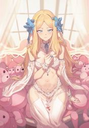 1girl absurdres bare_shoulders blonde_hair blue_bow blue_eyes blue_ribbon blush bow bra breasts cover cover_page detached_sleeves forehead garter_straps hair_bow highres indoors jin_rou long_hair looking_at_viewer navel novel_cover original parted_bangs petals ribbon see-through_clothes sitting small_breasts smile solo stuffed_animal stuffed_toy teddy_bear thighs underwear very_long_hair window