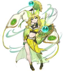 Rule 34 | 1girl, animal ears, asymmetrical legwear, blonde hair, blunt sidelocks, breasts, bridal gauntlets, crow amiheart, detached sleeves, duel monster, fox ears, fox girl, fox tail, full body, green eyes, hand fan, holding, holding fan, hu-li the jewel mikanko, japanese clothes, long sleeves, looking at viewer, medium breasts, navel, nontraditional miko, open mouth, sidelocks, simple background, smile, solo, stomach, tail, white background, wide sleeves, yu-gi-oh!