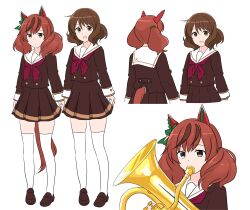 Rule 34 | 2girls, :d, absurdres, animal ears, bow, brown eyes, brown footwear, brown hair, brown serafuku, brown shirt, brown skirt, brown tail, buttons, closed mouth, clothing cutout, commentary request, cosplay, ear bow, ear covers, euphonium, from behind, full body, green bow, hairstyle connection, hibike! euphonium, highres, holding, holding euphonium, holding instrument, horse ears, horse girl, horse tail, instrument, kitauji high school uniform, loafers, long sleeves, look-alike, looking at viewer, medium hair, miniskirt, multicolored hair, multiple girls, music, neckerchief, nice nature (umamusume), noruren, open mouth, oumae kumiko, playing euphonium, playing instrument, pleated skirt, red neckerchief, sailor collar, school uniform, serafuku, shirt, shoes, short hair, side-by-side, simple background, skirt, smile, standing, streaked hair, tail, tail through clothes, thighhighs, twintails, umamusume, upper body, white background, white sailor collar, white thighhighs, winter uniform, yellow eyes, zettai ryouiki