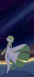 1girl artist_name blue_sky bob_cut colored_skin dated female_focus flat_chest full_body gardevoir gen_3_pokemon green_hair green_skin hair_over_one_eye looking_afar looking_to_the_side multicolored_skin night nintendo no_feet no_lineart one_eye_covered open_mouth outdoors pokemon pokemon_(creature) red_eyes short_hair signature sky solo standing star_(sky) starry_sky two-tone_skin walking white_skin wind yaou_(pixiv_68540466)