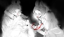 5boys animal_ears aotsuki_eito blood blood_in_hair blood_on_clothes blood_on_face blood_splatter blood_spray chinese_commentary clone drawstring glasses greyscale grin hand_on_another&#039;s_face highres hood hoodie injury jacket knife looking_at_another male_focus monochrome multicolored_hair multiple_boys mzmindream rabbit_boy rabbit_ears short_hair sketch smile spoilers stab streaked_hair sumino_takumi the_hundred_line_-last_defense_academy- wide-eyed