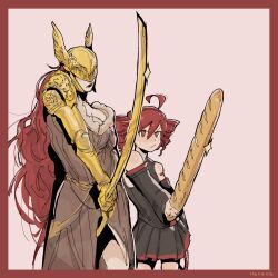 116116116el 2girls armor baguette bare_shoulders black_skirt black_sleeve_cuffs border bread brown_dress commission covered_eyes crossover dress drill_hair elden_ring food fur-trimmed_dress fur_trim gold_armor golden_sword helmet helmet_over_eyes highres holding holding_food holding_sword holding_weapon kasane_teto long_hair malenia_blade_of_miquella mechanical_arms multiple_girls pleated_dress prosthesis prosthetic_arm red_background red_border red_eyes red_hair red_trim shoulder_boards signature single_bare_shoulder single_mechanical_arm skirt sparkle sword trait_connection twin_drills utau wavy_hair weapon winged_helmet