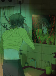Rule 34 | 1boy, absurdres, bandaged arm, bandaged chest, bandages, black hair, black pantyhose, blood, blood on hands, bloody bandages, cabinc, chinese commentary, commentary request, highres, indoors, male focus, medium hair, mirror, pantyhose, sink, solo, tile wall, tiles, toothbrush, toothpaste, touqi guaitan, ziche fuzhao
