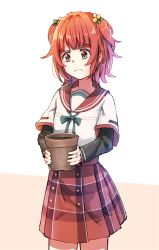 1girl akino_kaede aqua_ribbon black_sleeves blunt_bangs breast_pocket brown_eyes cowboy_shot flower_pot food-themed_hair_ornament frown fruit_hair_ornament highres holding holding_flower_pot holding_pot jewelry kamihama_university_affiliated_school_uniform layered_sleeves long_sleeves looking_at_object looking_down magia_record:_mahou_shoujo_madoka_magica_gaiden mahou_shoujo_madoka_magica medium_hair miniskirt neck_ribbon north pink_background plaid_clothes plaid_skirt pleated_skirt pocket pot red_hair red_sailor_collar red_skirt ribbon ring sad sailor_collar school_uniform serafuku shirt short_over_long_sleeves short_sleeves sidelocks skirt solo split_mouth standing two-tone_background two_side_up white_background white_shirt worried