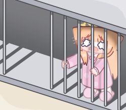 Rule 34 | 1girl, animal ears, blue archive, blunt bangs, blush, cage, commentary, english commentary, halo, highres, horuhara, in cage, long hair, long sleeves, mari (blue archive), neck ribbon, orange hair, pajamas, pink pajamas, pink slippers, polka dot, polka dot pajamas, ribbon, slippers, solo, standing, very long hair, wavy eyes, wavy mouth, yellow halo