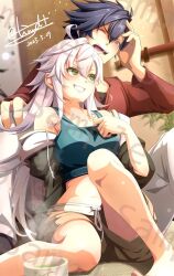 1boy 1girl bare_shoulders black_hair breasts commission crop_top cup dated denim denim_shorts double-parted_bangs eiyuu_densetsu fie_claussell green_eyes grin hair_between_eyes highres kai_no_kiseki kuro_no_kiseki_(series) medium_breasts midriff navel one_eye_closed open_mouth purple_eyes rean_schwarzer sample_watermark short_hair shorts sidelocks signature sitting skeb_commission smile tinybiard twitter_username watermark white_hair