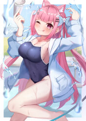 1girl absurdres ahoge animal_ears bandaid bandaid_hair_ornament blue_bow blue_hoodie blue_one-piece_swimsuit blue_sky blush bow braid breasts cat_ears cat_girl cet_(hajisirazunoko) chain-link_fence cleavage closed_mouth collarbone commentary_request covered_navel crossed_bandaids day extra_ears fence fish_hair_ornament ghost_hair_ornament groin hair_bow hair_ornament hairclip heart heart_hair_ornament highres holding hood hoodie indie_virtual_youtuber large_breasts long_hair long_sleeves looking_at_viewer one-piece_swimsuit one_eye_closed open_clothes open_hoodie outdoors pink_eyes pink_hair school_swimsuit sky smile solo swimsuit thighs tongue tongue_out two_side_up virtual_youtuber water white_background wing_hair_ornament yuuki_sakuna zipper
