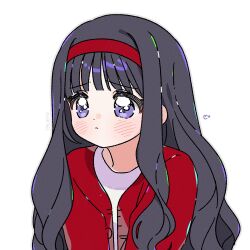 1girl artist_name black_hair blush cardcaptor_sakura closed_mouth commentary daidouji_tomoyo grey_outline hairband highres jacket long_hair long_sleeves open_clothes open_jacket outline purple_eyes red_hairband red_jacket simple_background solo symbol-only_commentary upper_body white_background yalmyu