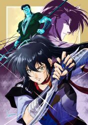1girl 2boys absurdres armor artist_name bandaged_arm bandages black_hair blue_gloves bracer breasts brown_background choker clenched_teeth commentary fingerless_gloves glint gloves hair_between_eyes hayami_ayame hayate_sakon highres holding holding_knife japanese_clothes knife kogure_ryouma long_hair looking_at_viewer medium_breasts medium_hair multiple_boys ninja parted_lips pauldrons ponytail red_choker sengoku_kitan_youtouden short_sleeves shoulder_armor sidelocks signature teeth two-handed yellow_eyes yoshinaga_masahiro