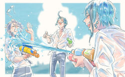 3boys azul_ashengrotto blue_background blue_hair blue_sky closed_eyes cloud cloudy_sky commentary_request floyd_leech glasses grey_hair holding holding_water_gun jade_leech male_focus multiple_boys ocean outdoors sharp_teeth shirt short_hair sky spraying standing teeth twisted_wonderland unworn_eyewear water water_gun wet wet_clothes wet_shirt white_shirt yuuki_(yukko7474)
