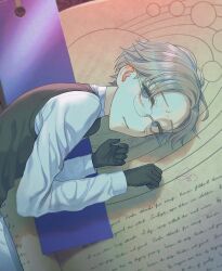 1boy aged_down aotsuki_eito black_gloves black_vest blue_eyes book child closed_mouth eyelashes glasses gloves highres long_sleeves looking_up lying male_focus on_side paper parted_hair shirt solo solo_focus the_hundred_line_-last_defense_academy- upper_body vest white_hair white_shirt