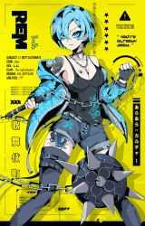 1girl blonde_hair blue_eyes breast_tattoo breasts cyberpunk_(series) defaultz dragon_tattoo full-body_tattoo highres leg_tattoo medium_breasts re:zero_kara_hajimeru_isekai_seikatsu rem_(re:zero) shoulder_tattoo solo spider_tattoo streetwear tattoo