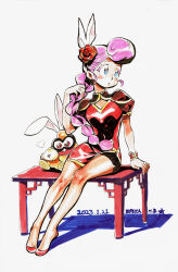 Rule 34 | 1boy, 1girl, 2023, absurdres, alien, alternate costume, alternate hairstyle, animal ear fluff, animal ears, aqua eyes, bare legs, bench, berecca, big hair, bike shorts, birthday, black shorts, blush, braid, braided ponytail, breasts, brown sandals, buck teeth, character name, china dress, chinese clothes, chinese new year, chinese zodiac, cleavage cutout, clothing cutout, colored eyelashes, colored inner animal ears, commentary request, creature, dated, dress, dumpling, english text, flats, flower, food, gumchi, gungho, hair flower, hair ornament, hand on bench, highres, holding, holding food, kushabiria, legs, long hair, looking to the side, low-braided long hair, low-tied long hair, marker (medium), mature female, medium breasts, ninjala, on bench, pelvic curtain, pompadour, puffy short sleeves, puffy sleeves, rabbit ears, red dress, red eyes, red flower, red rose, red shoes, red sleeve cuffs, red sleeves, red wrist cuffs, rose, sandals, shadow, shoes, short sleeves, shorts, shorts under dress, shuriken, side slit, side slit shorts, sidelocks, simple background, single ear down, sitting, star (symbol), steam, teeth, traditional media, upper teeth only, very long hair, weapon, wrist cuffs, year of the rabbit, yellow trim, zouri
