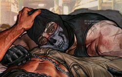 Rule 34 | 2boys, bara, black gloves, black tank top, brown pants, bulge, call of duty, call of duty: modern warfare 2, facepaint, ghost (modern warfare 2), gloves, hand on another&#039;s head, highres, male focus, mask, multiple boys, muscular, muscular male, navel, pants, skull mask, soap (modern warfare 2), solo focus, tank top, twitter username, umikochannart, yaoi
